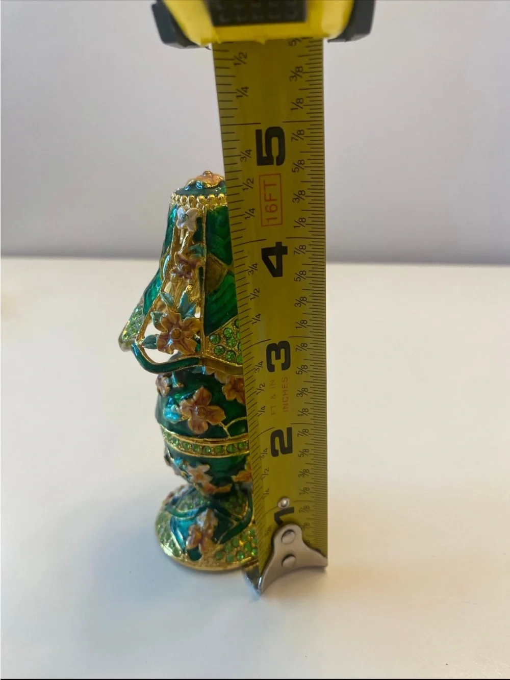 Vintage miniature green enamel and rhinestone trinket box lamp shaped